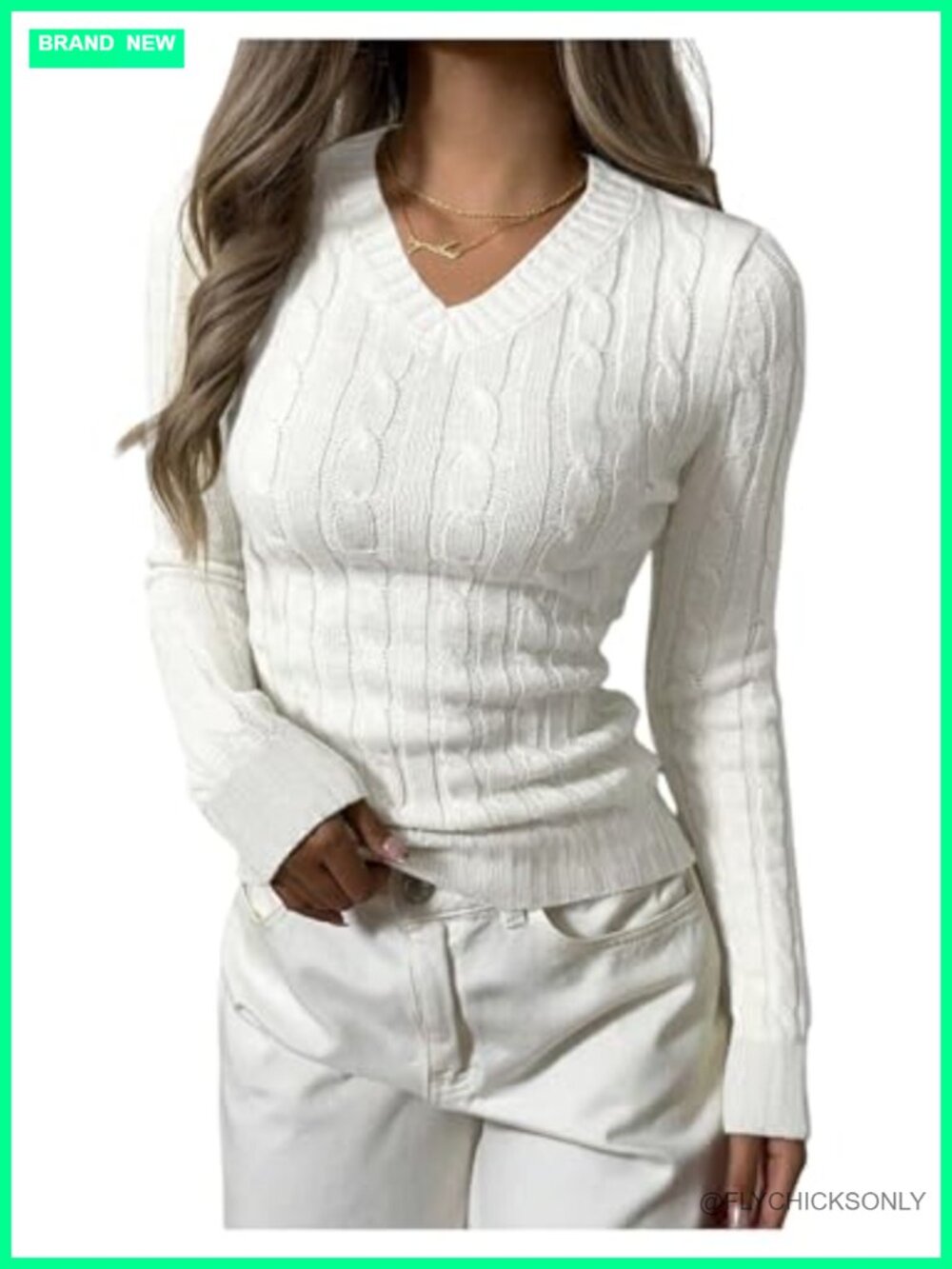 V Neck Cable Knit Sweater Long Sleeve Slim Fit Pullover Casual Fall